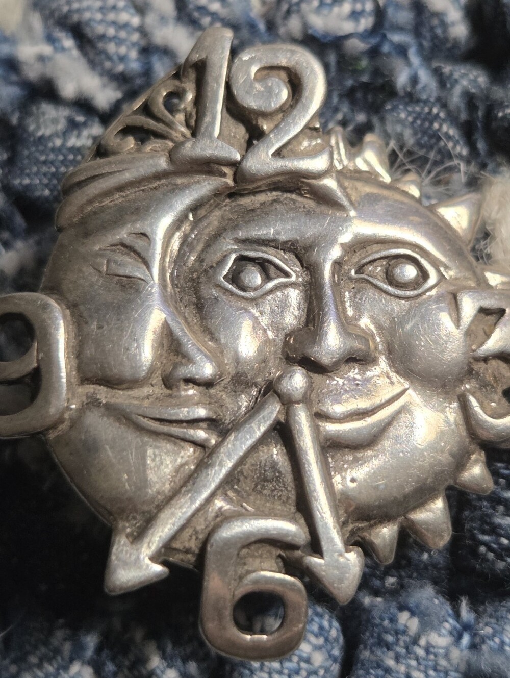 Jezlaine Rare Vintage Sterling Celestial Sun & Moon Face Clock Pin